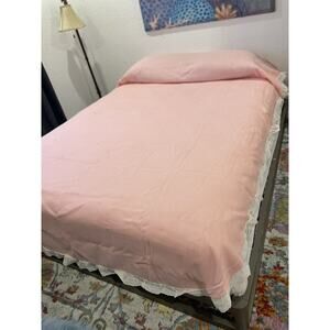 Sears Pink Pinstripe Twin Bedspread 74X 110 White Ruffle Perma Prest Vtg